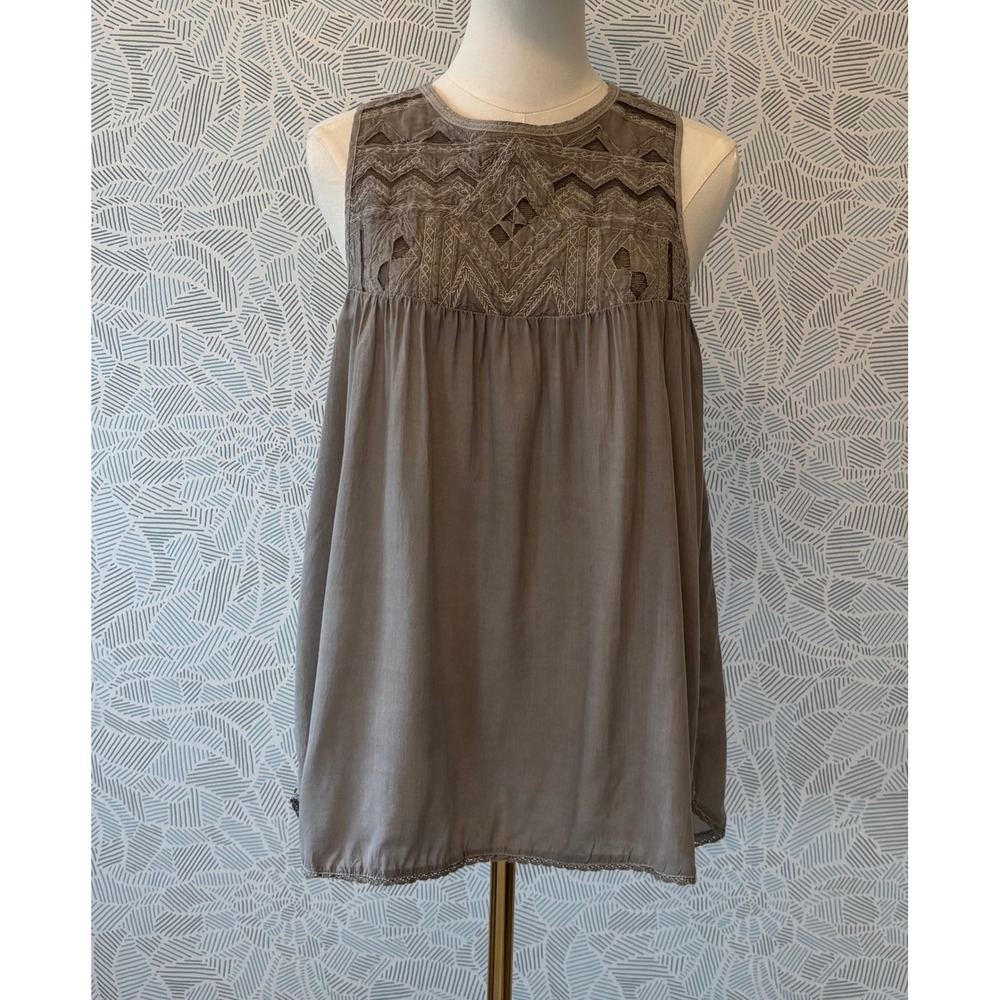 Wilfred Aritzia Taupe Grey Embroidered Cut Out Mesh Babydoll Top XS